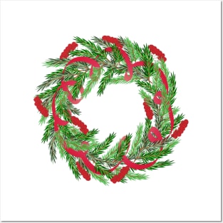 Christmas wreath with red berries and ribbons Posters and Art